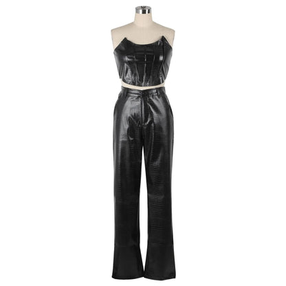 FZ Women's Faux Leather Wide Leg 2 Piece Pants Suit - FZwear