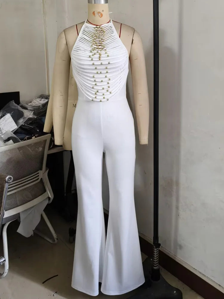 FZ Women's Beaded Fringed Palazzo Backless Fitted Wide Legs Jumpsuit