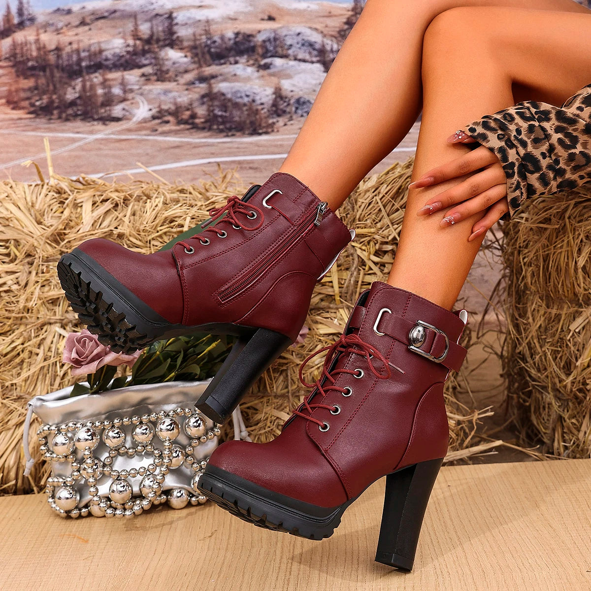 FZ Women's Lace Up Solid High Heels Ankle Boots