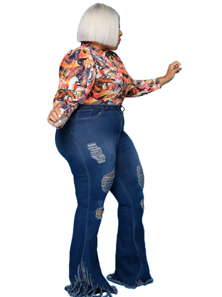 FZ Women's Plus Size Slim Fit Ripped Fringed Flared Denim Pants DSers