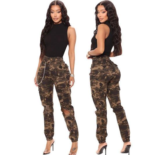 FZ Women's Hollow Out Ripped High Waist Stretch Camouflage Denim Pants