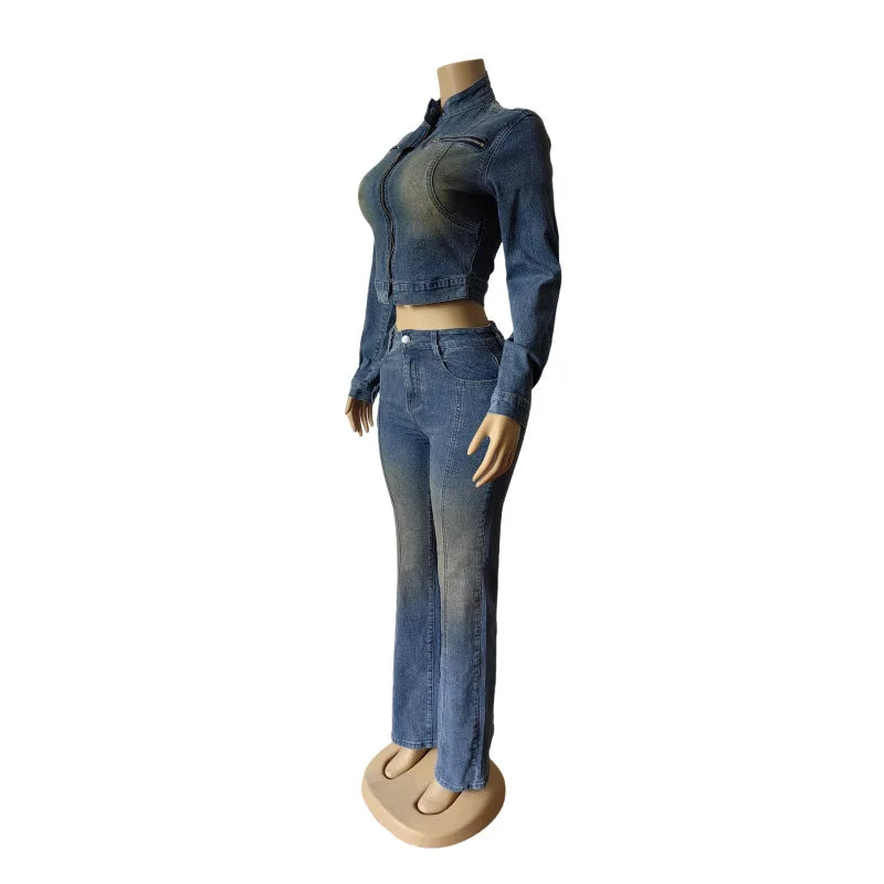 FZ Women's Streetwear Two Piece Denim Pants Suit