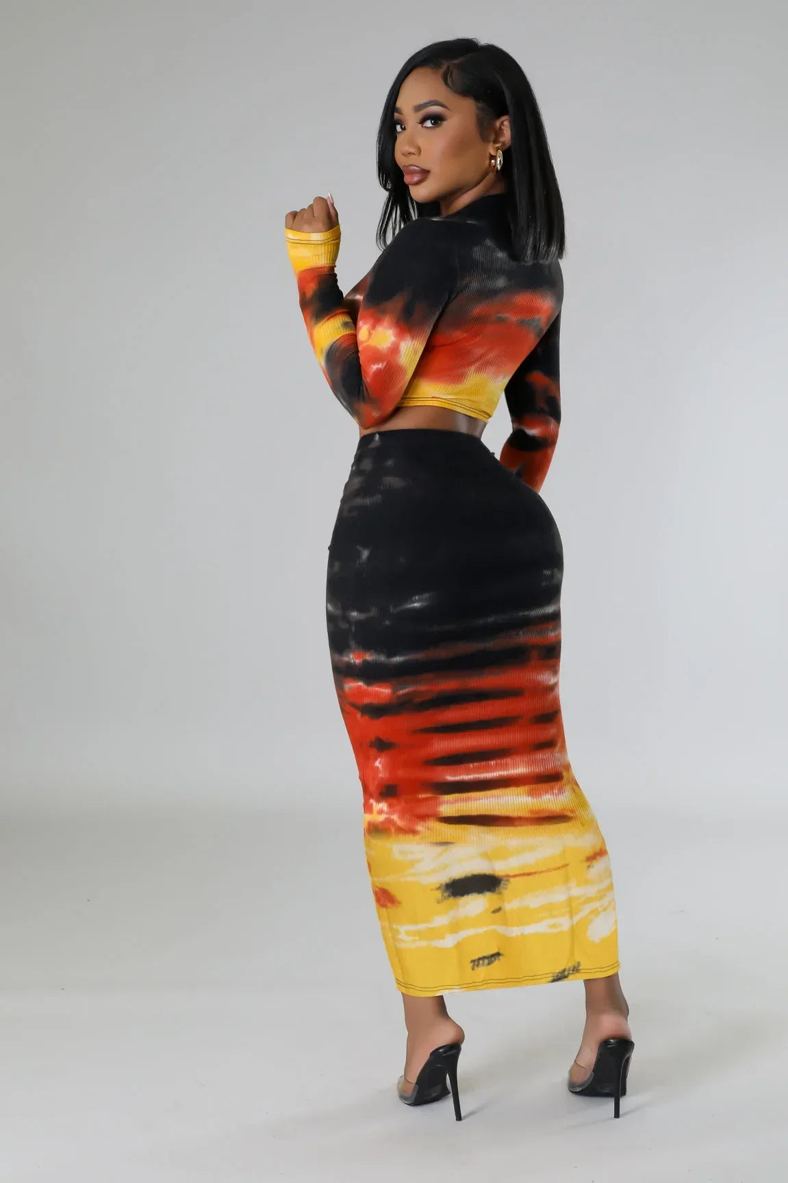 FZ Women's Sexy Long Skinny Tie Dye Print Two Piece Skirt Suit