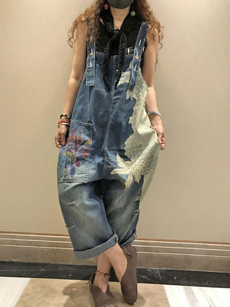 FZ Women's Fashion Printed Denim Vintage Loose Jumpsuit - FZwear