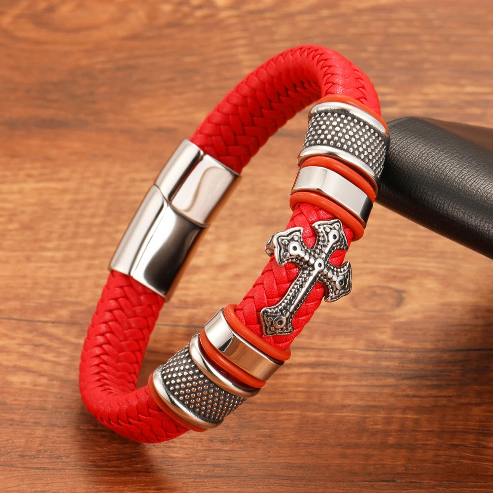 FZ Punk Style Hand Woven Titanium Steel Cross Genuine Leather Bracelet - FZwear
