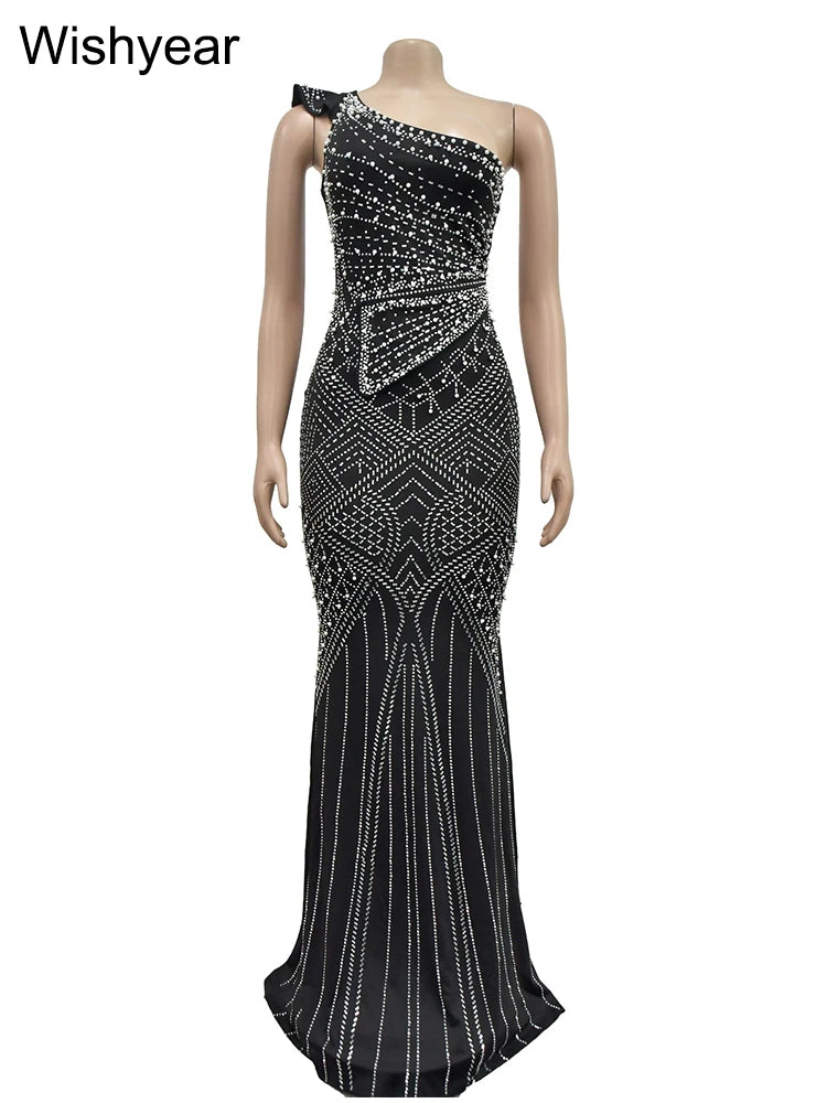 FZ Women's Rhinestone Diagonal Collar Sleeveless Maxi Evening Dress - FZwear