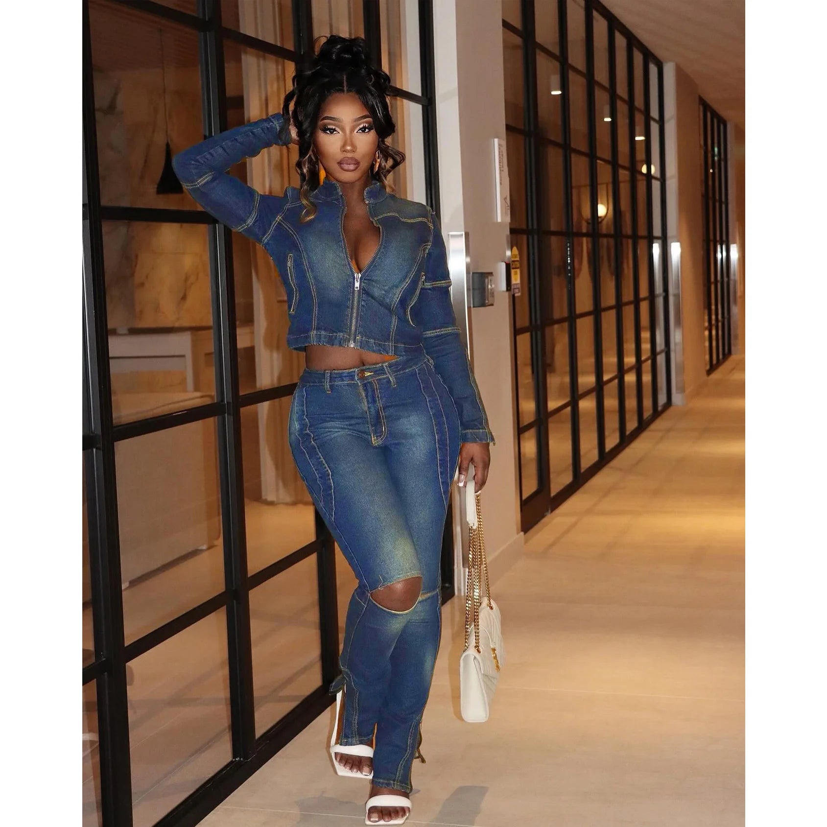 FZ Women's Y2K Streetwear Skinny 2 Piece Pencil Denim Pants Suit