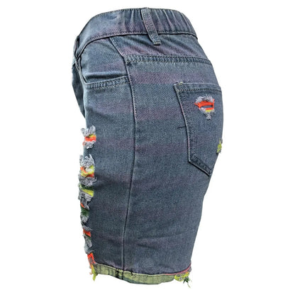 FZ Women's Hole Tassels High Waisted Button Pocket Skinny Denim Shorts
