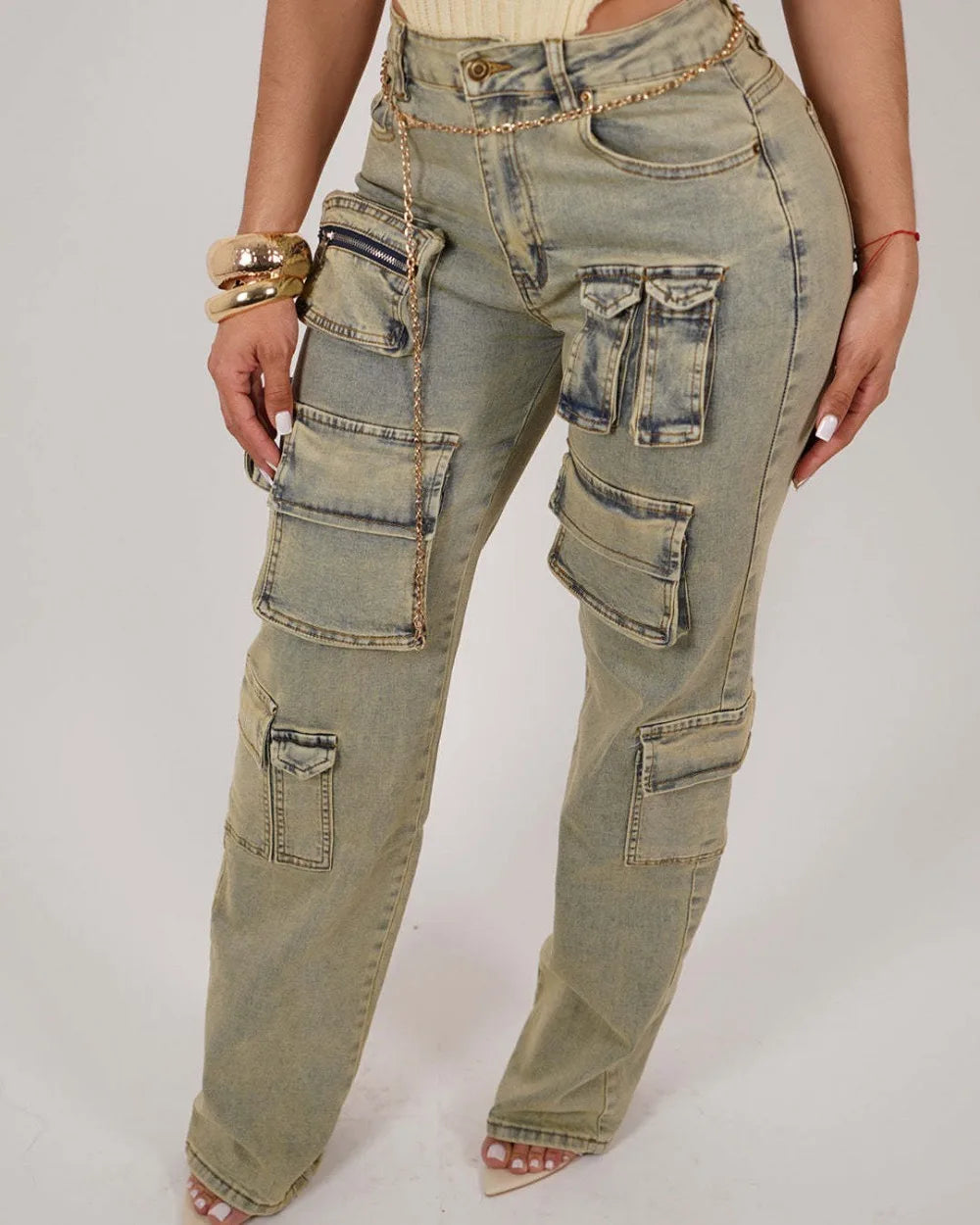 FZ Women's Retro Denim High Waisted Button Zipper Pants