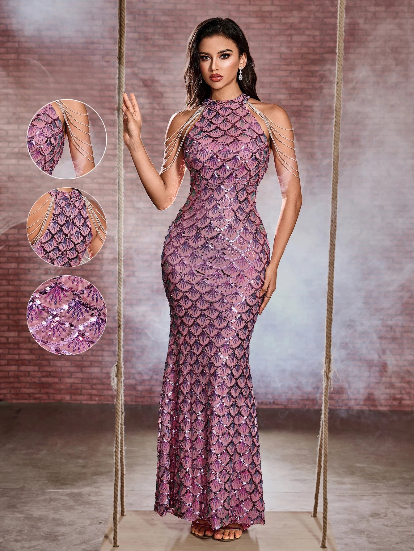 FZ Women's Halter Neck Rhinestone Sequin Mermaid Hem Evening Dress