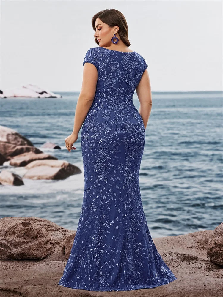 FZ Women's Plus Size V-neck Sequins Floor Length Evening Dress
