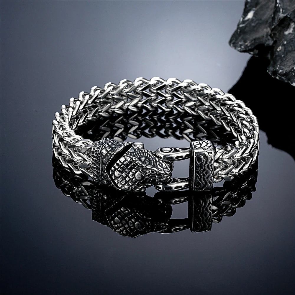 FZ Men's Retro Vikings Stainless Steel Mesh Chain Bear Norse Wolf Bracelet