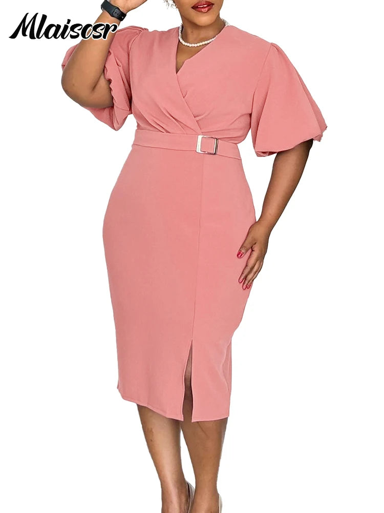 FZ Women's V Neck Short Sleeve Belt Waisted Mid Church Dress