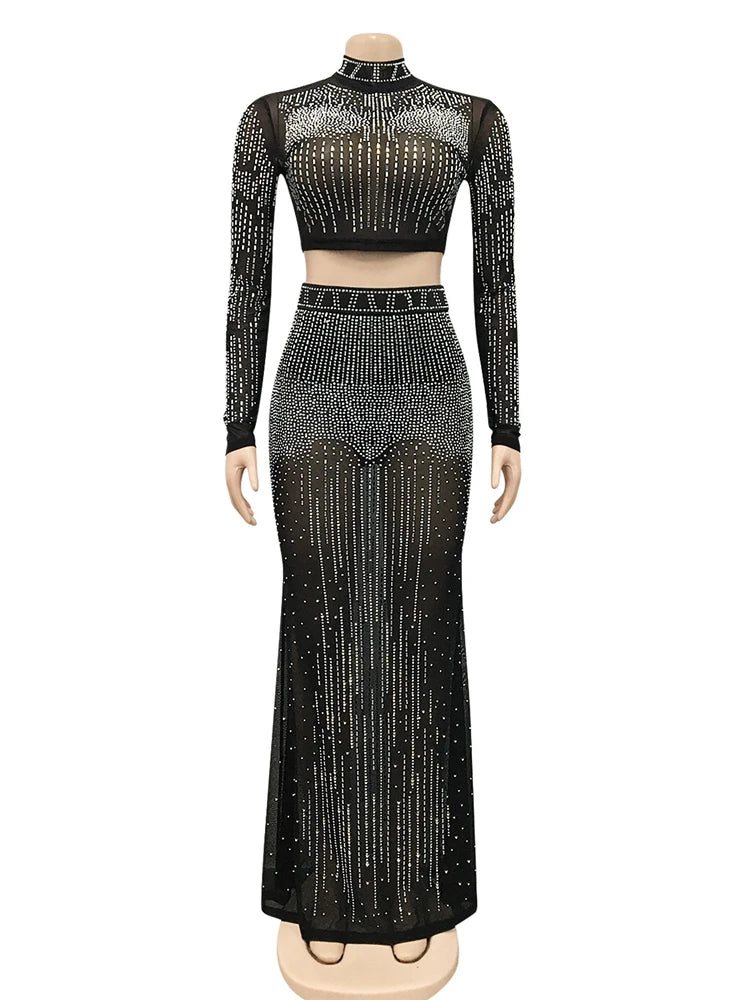 FZ Women's Sexy Crystal Two Piece Mesh Long Skirt Suit - FZwear