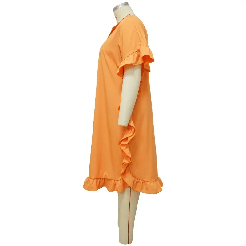 FZ Women's Plus Size Side Ruffles Short Sleeve Midi Streetwear Dress