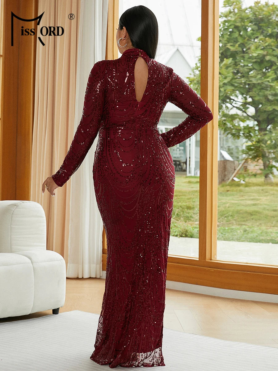 FZ Women's Plus Size Round Neck Long Sleeved Sequin Split Maxi Evening Dress