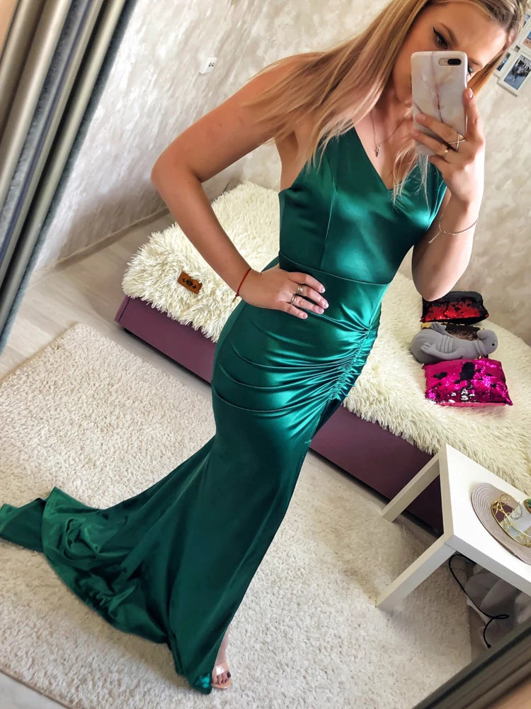 FZ Women's V Neck Sleeveless Long Split Mermaid Satin Evening Dress