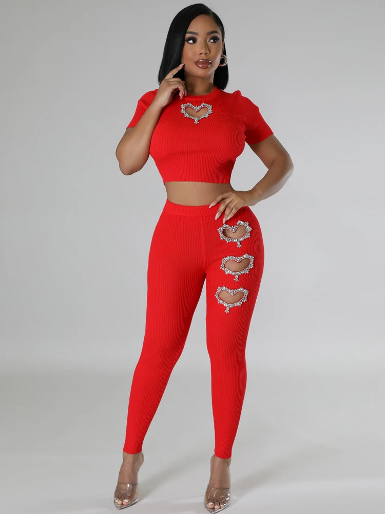 FZ Women's Crystal Heart Knit 2 Piece Pants Suit DSers