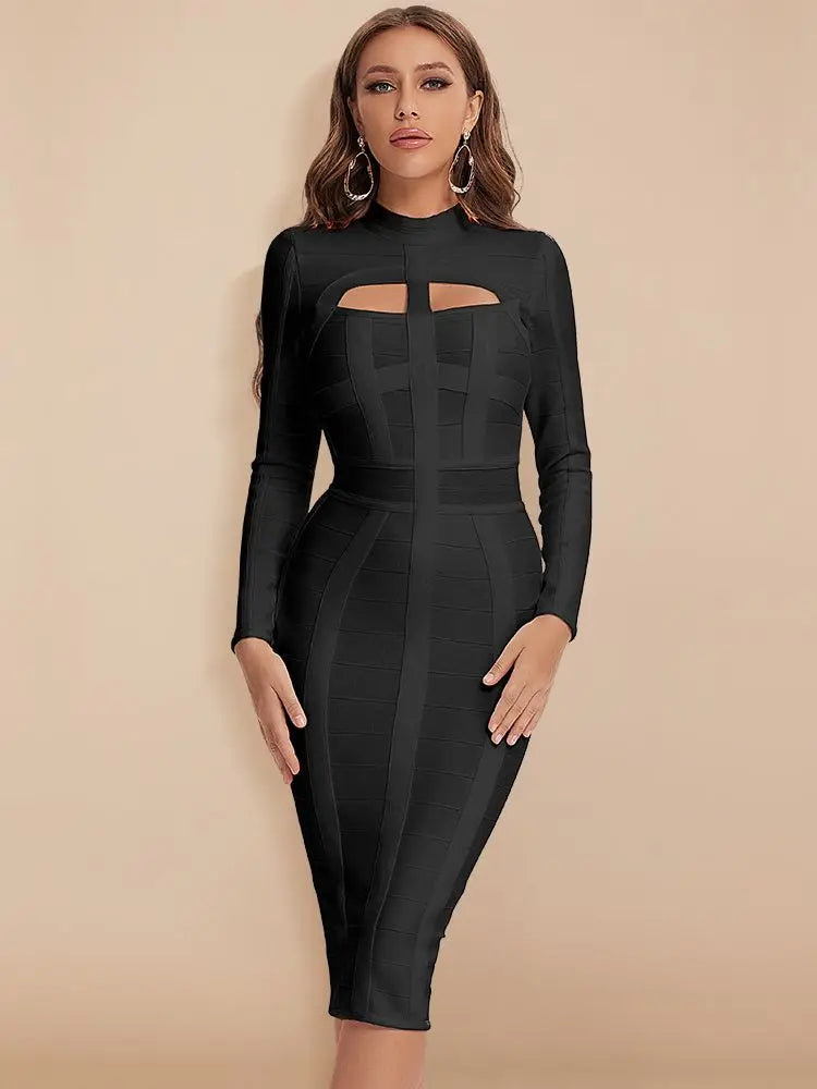 FZ Women's Hollow Out Long Sleeve Cut Out High Neck Dress