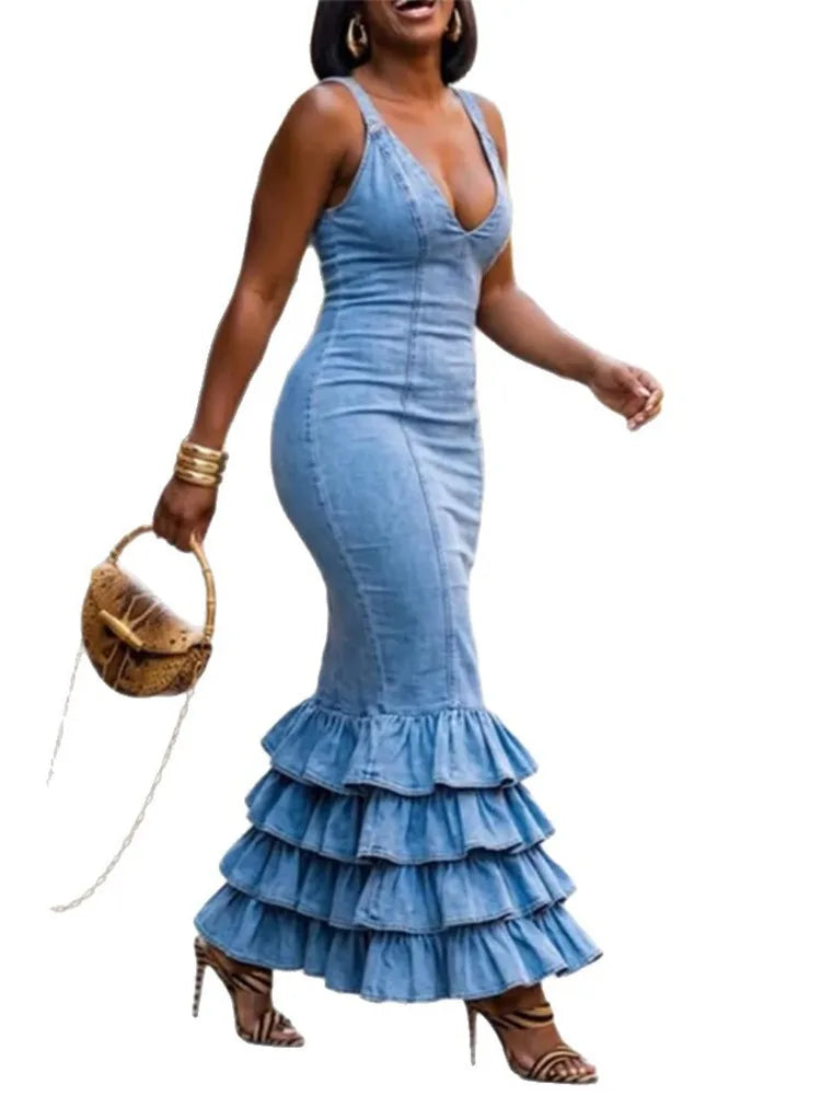 FZ Women's Spaghetti Strap V Neck Tiered Ruffle Hem Mermaid Denim Dress