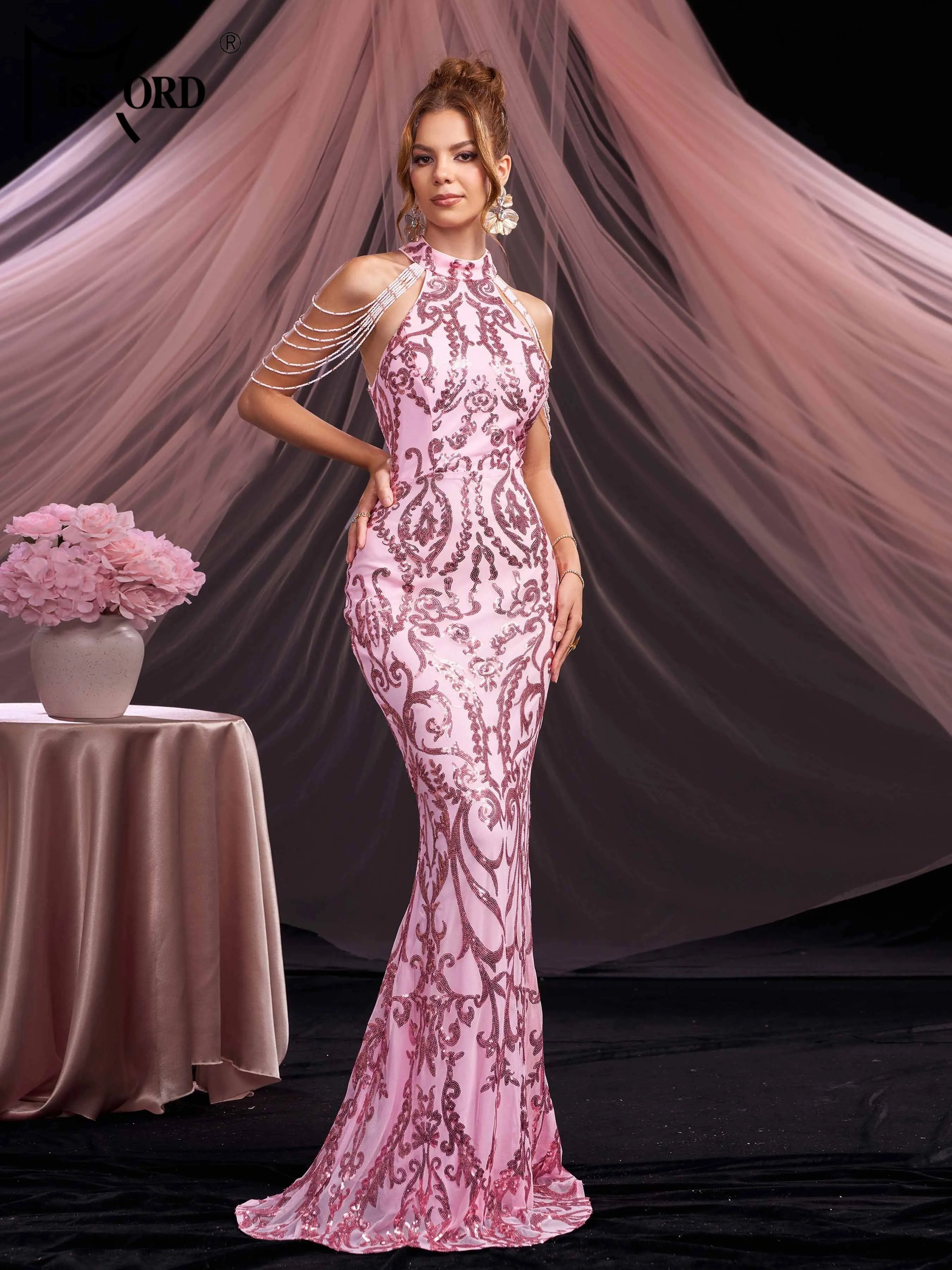 FZ Women's Round Neck Sequin Mermaid Evening Dress