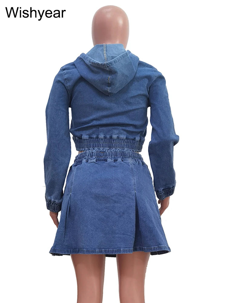 FZ Women's Long Sleeve Hooded Pleated Vintage Wash 2 Piece Denim  Skirt Suit