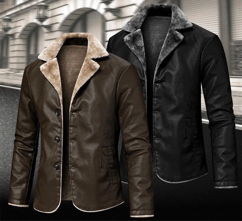 FZ Men's Turn-down Collar Single-breasted Faux Leather Jacket