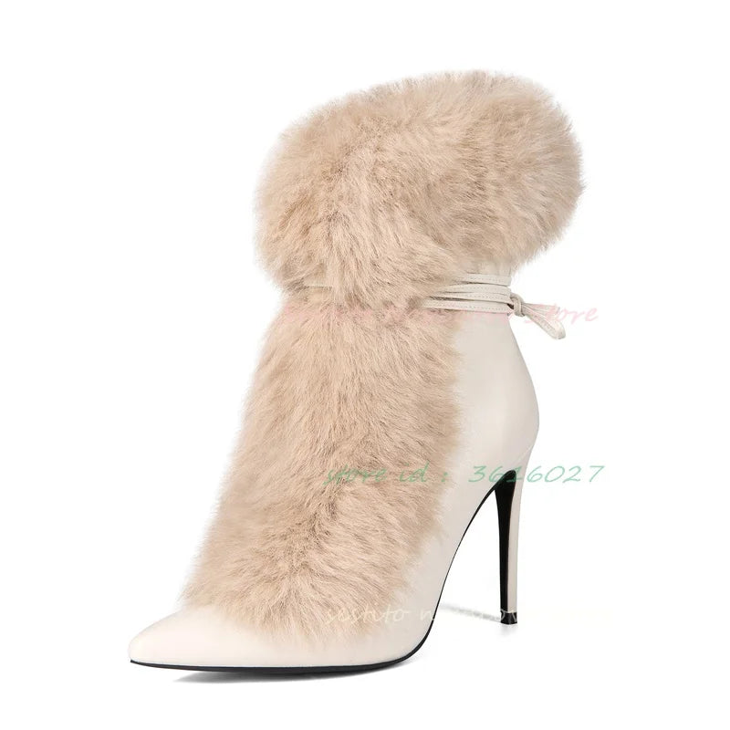 FZ Women's Stiletto Heels Ankle Straps Pointed Toe Fur Mid Calf Boots