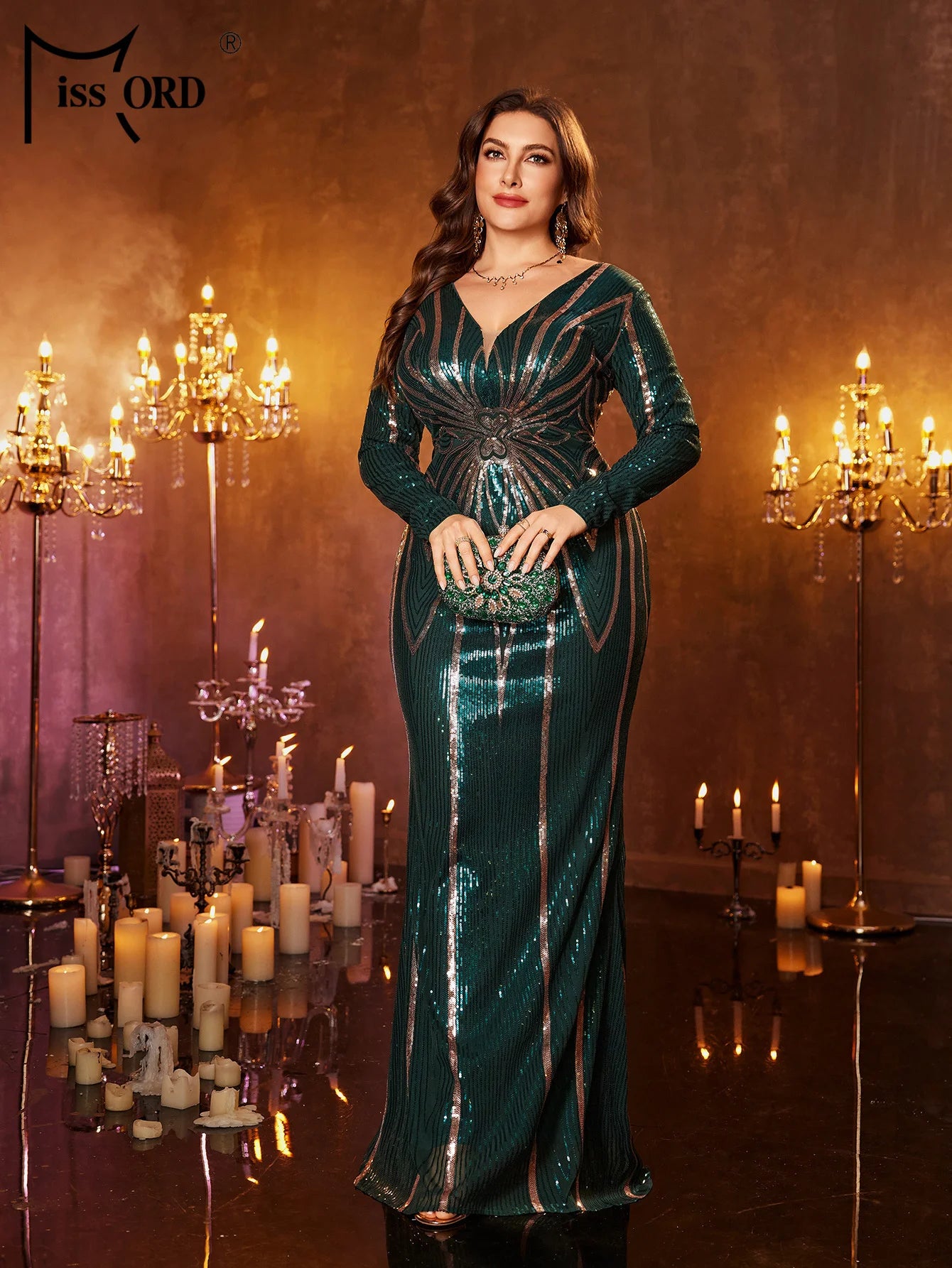 FZ Women's Plus Size V Neck Long Sleeved Sequin Mermaid Maxi Evening Dress