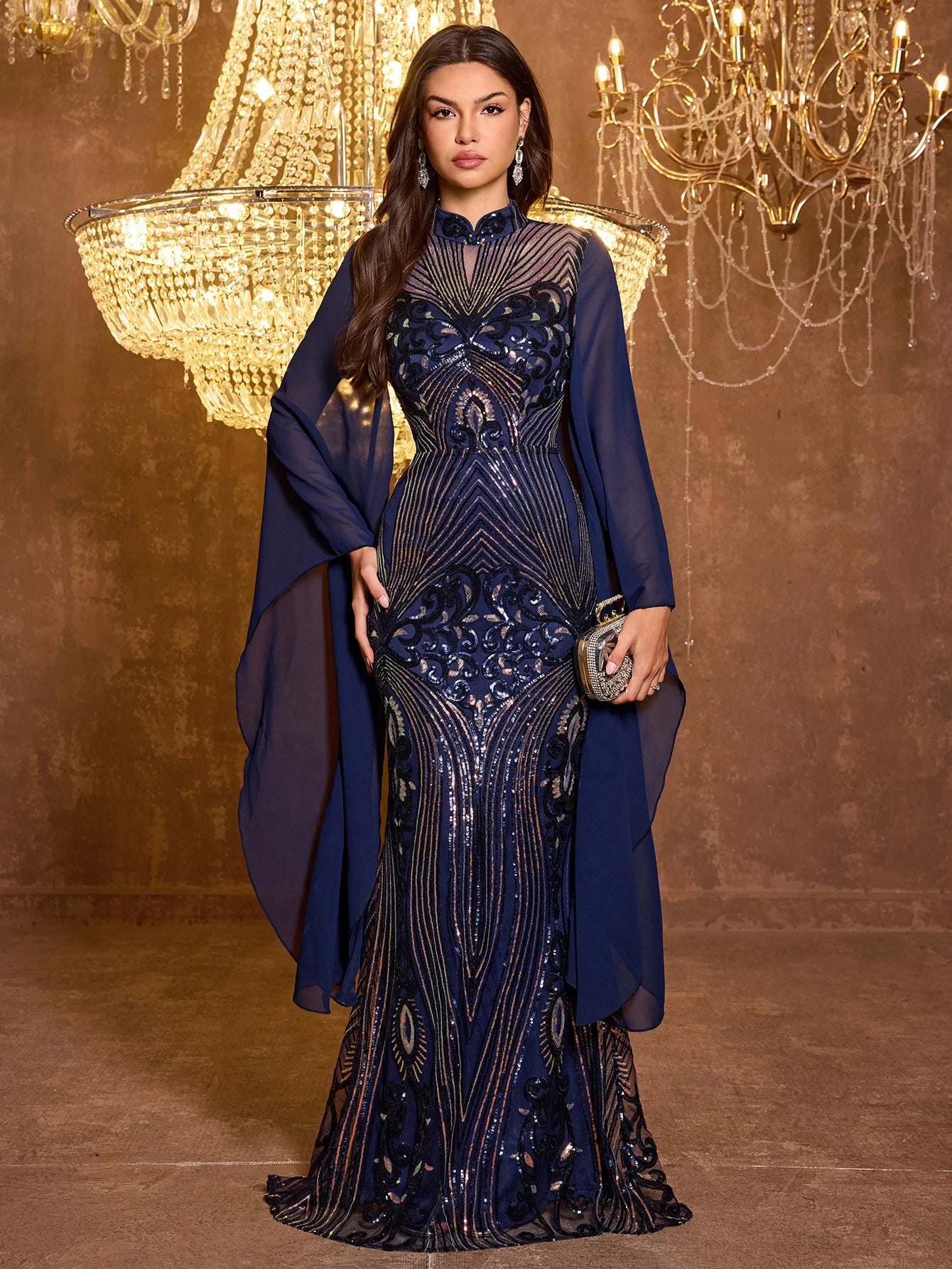 FZ Women's Tulle Sleeves High Neck Sequin Mermaid Evening Dress
