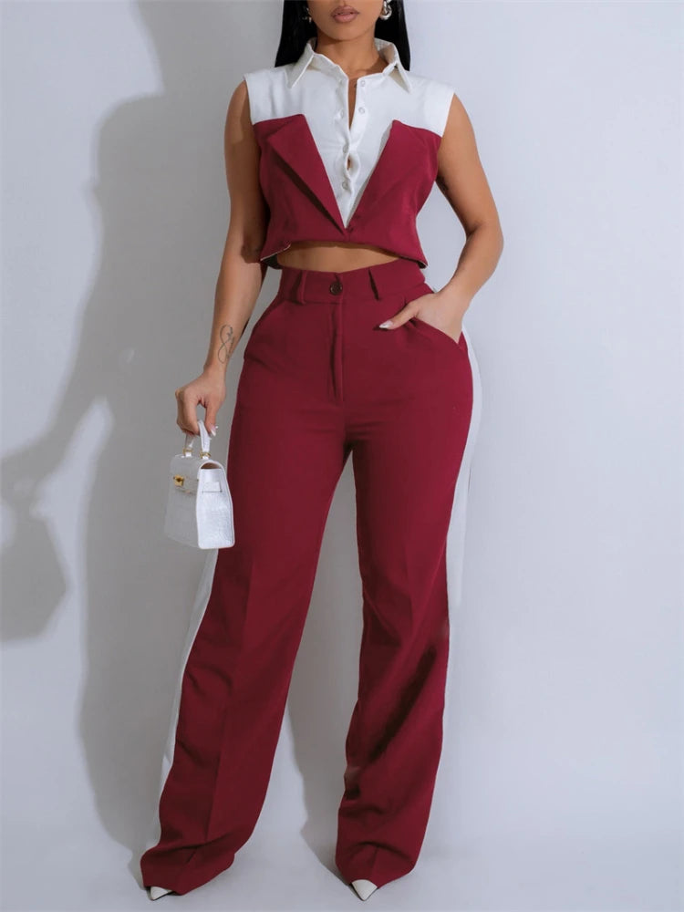 FZ Women's Sleeveless Shirt Style Vest Wide Leg Pants Suit