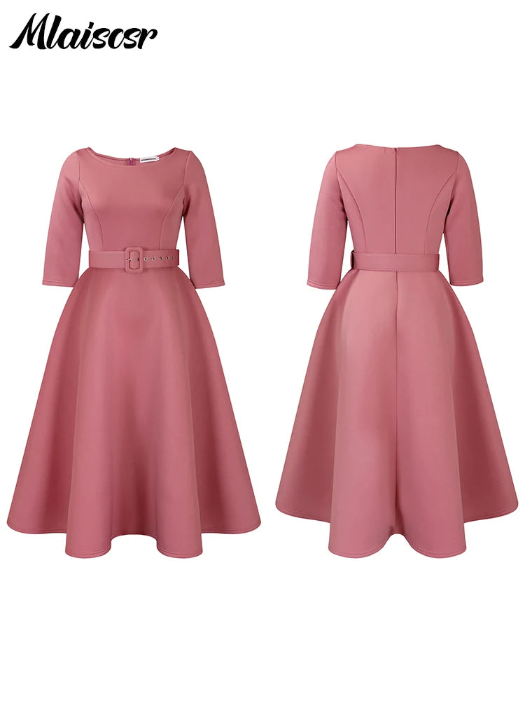 FZ Women's A-Line 3/4 Sleeve with Belt Midi Dress