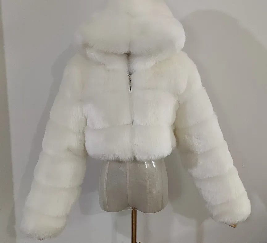 FZ Women's Faux Fur Thick Warm Hooded Open Stitch Short Coat Jacket