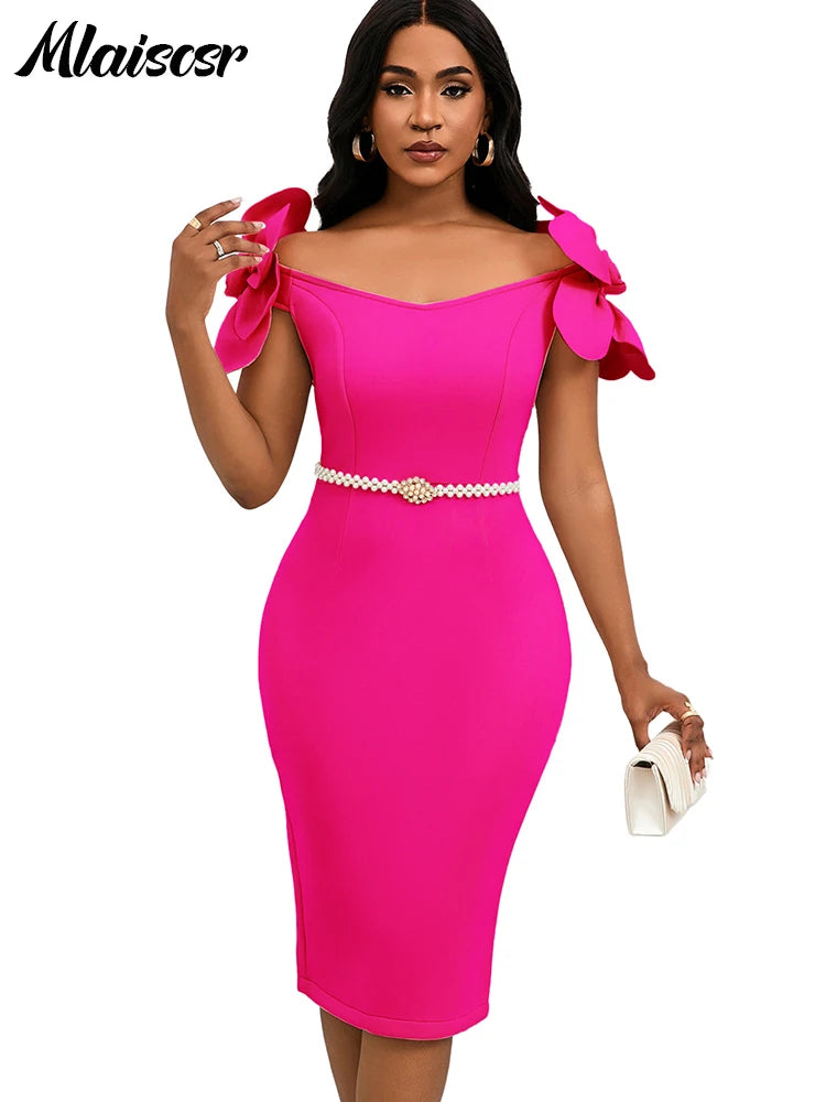 FZ Women's Off the Shoulder Petal Sleeve Mid with Sashes  Evening Dress
