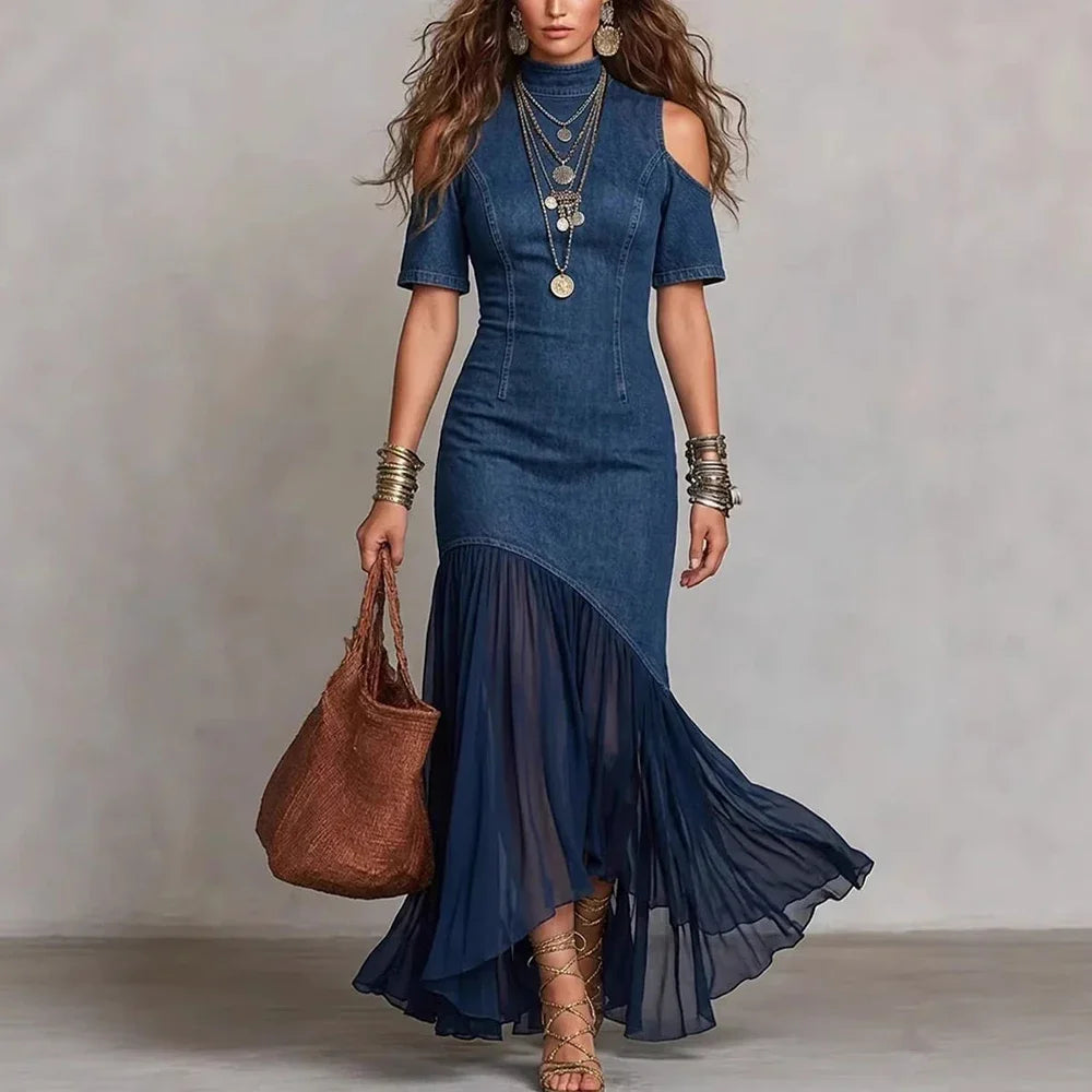 FZ Women's Vintage Patchwork Off Shoulder High Street Fishtail Denim Dress