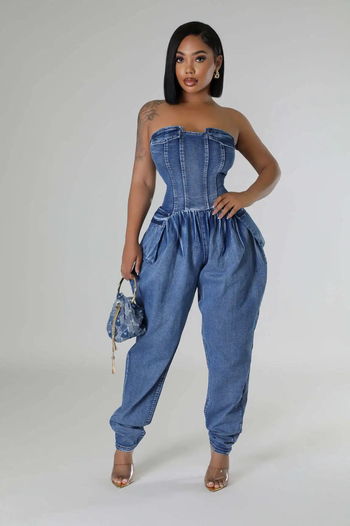 FZ Women's Multi Pockets Strapless Elegant Denim Jumpsuit