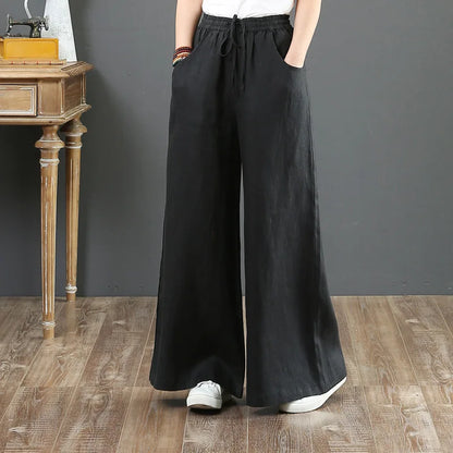 FZ Women's Elastic Waist Solid Wide Leg Loose Vintage Pants - FZwear