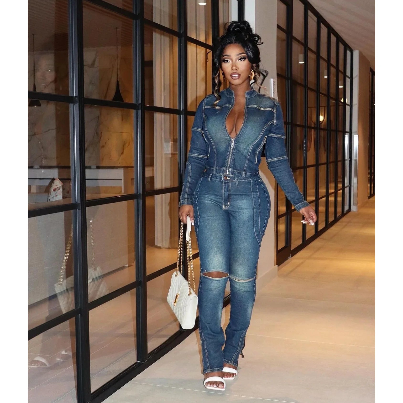 FZ Women's Y2K Streetwear Skinny 2 Piece Pencil Denim Pants Suit