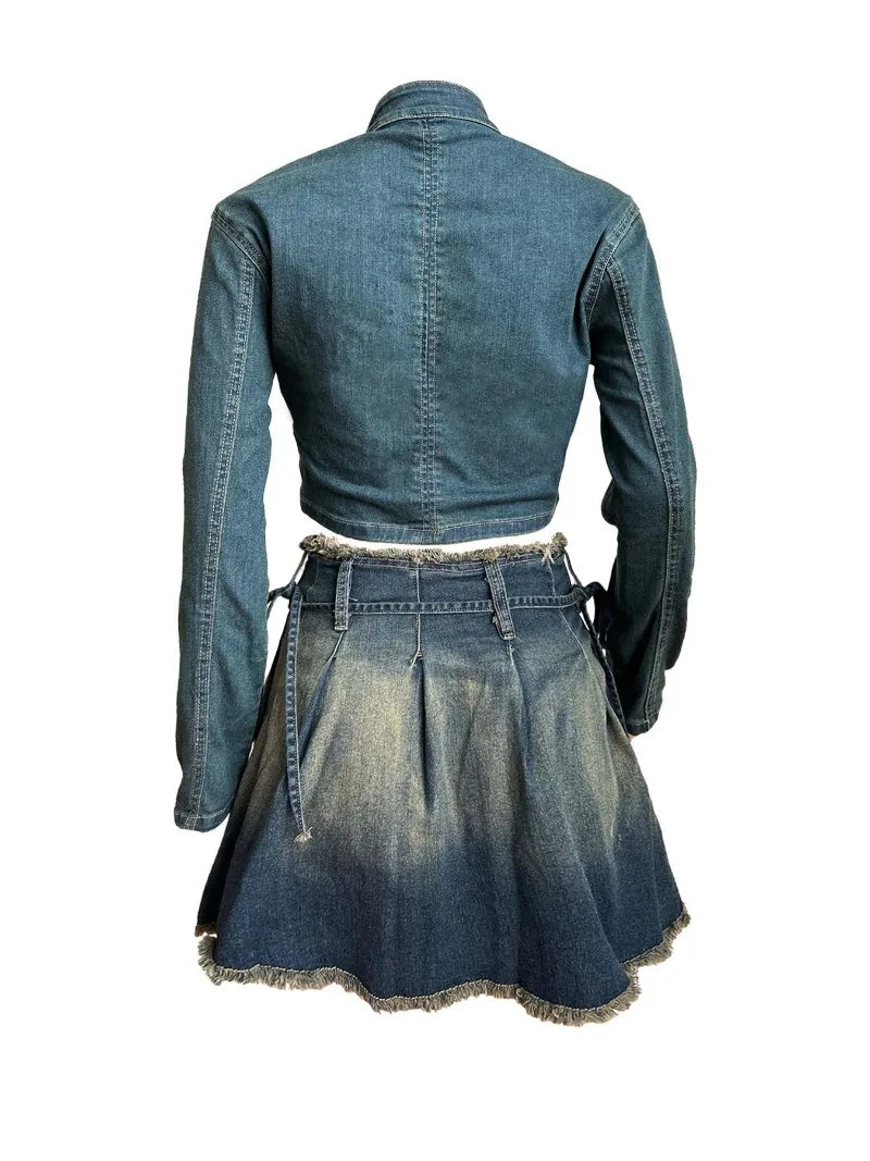 FZ Women's Fashion Letter Embroidery Tassel Denim 2 Piece Mini Pleated Skirts Suit - FZwear