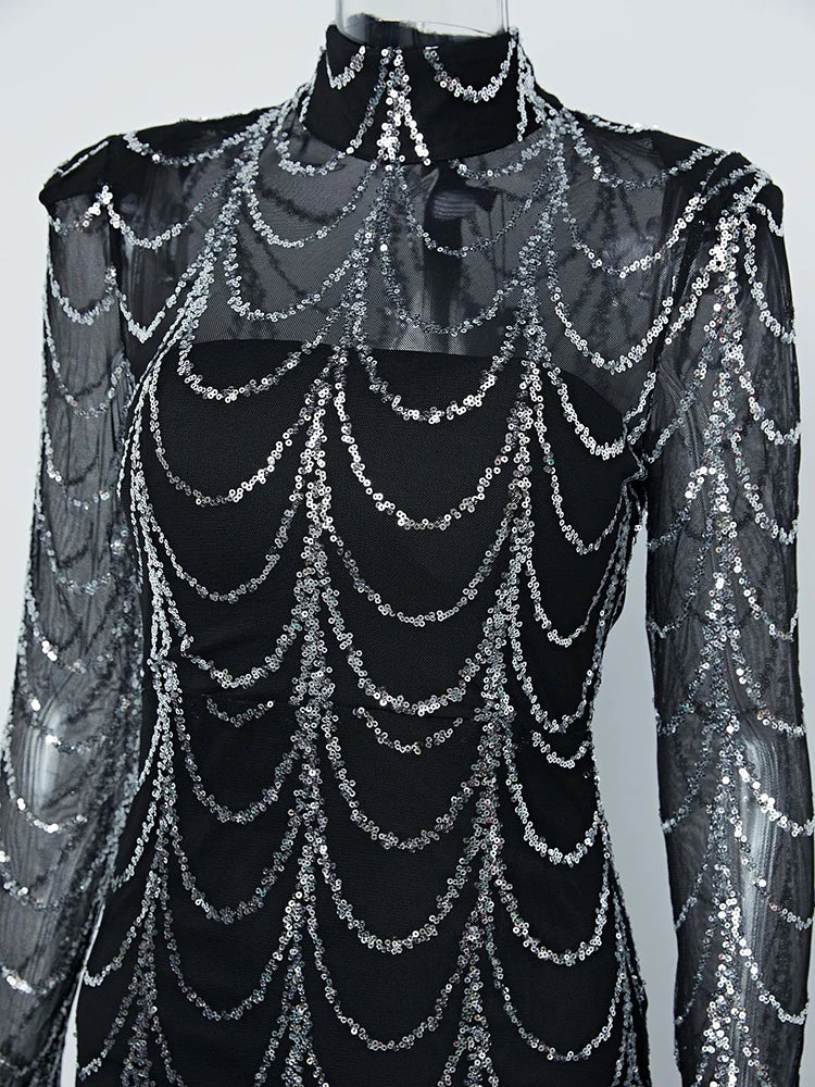 FZ Women's Luxury Mesh See-through Sequined Evening Dress - FZwear