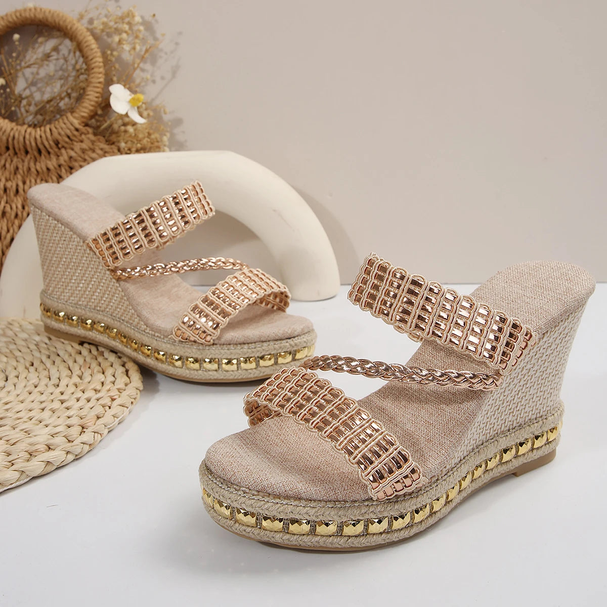 FZ Women's Gold Weaving Wedge Rivet Decoration Chunky Platform Sandals