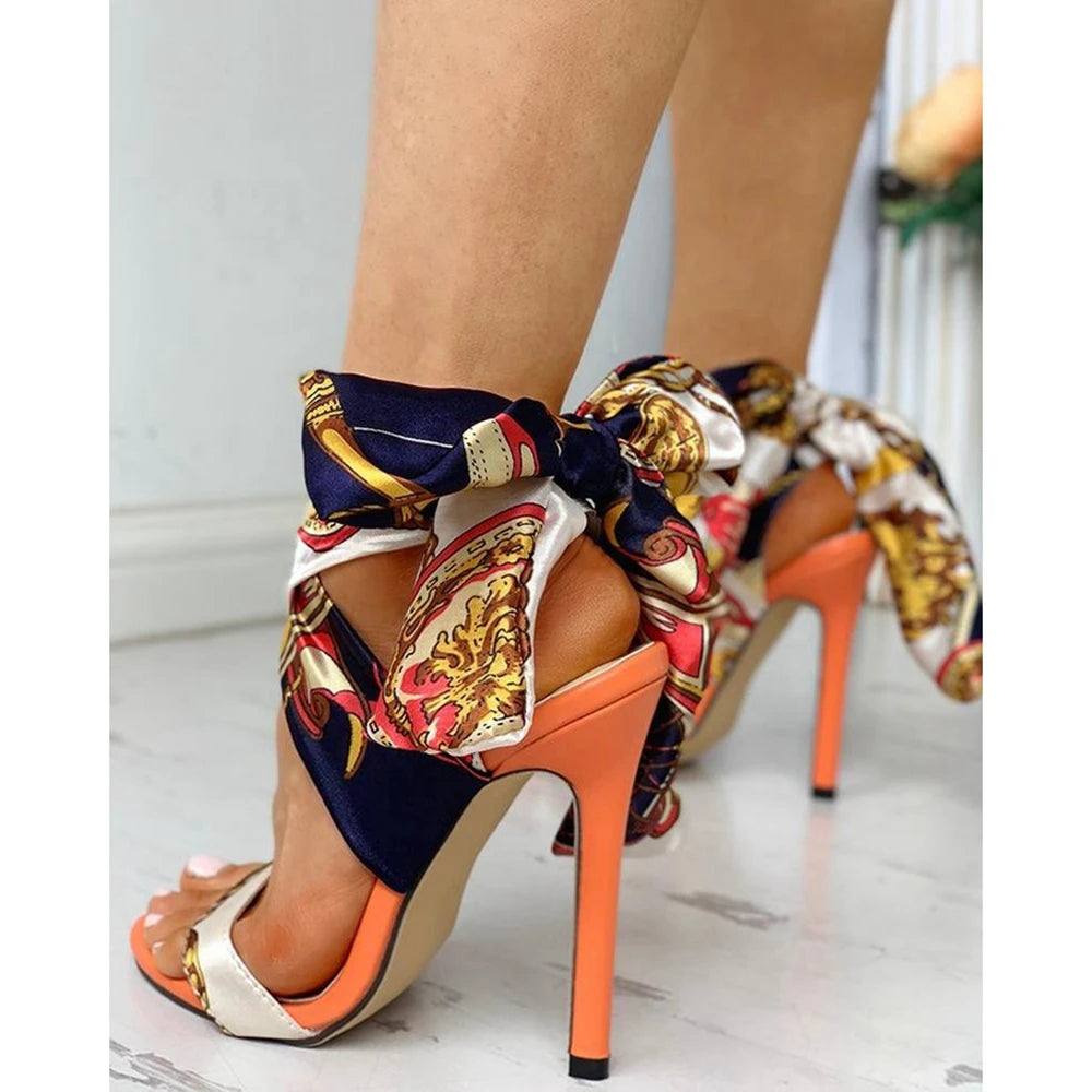 FZ Women's Floral Print Tied Ankle Pumps Sandals Shoes