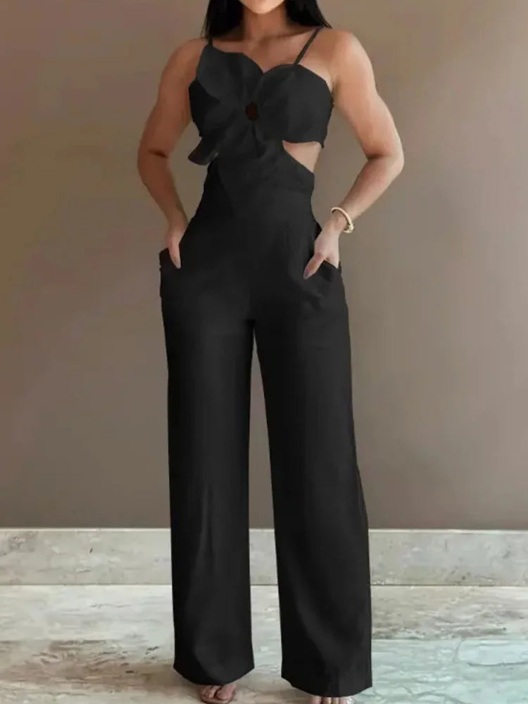 FZ Women's Pocket Patchwork Hollow Slim Fit Simple Wide Leg Jumpsuit - FZwear