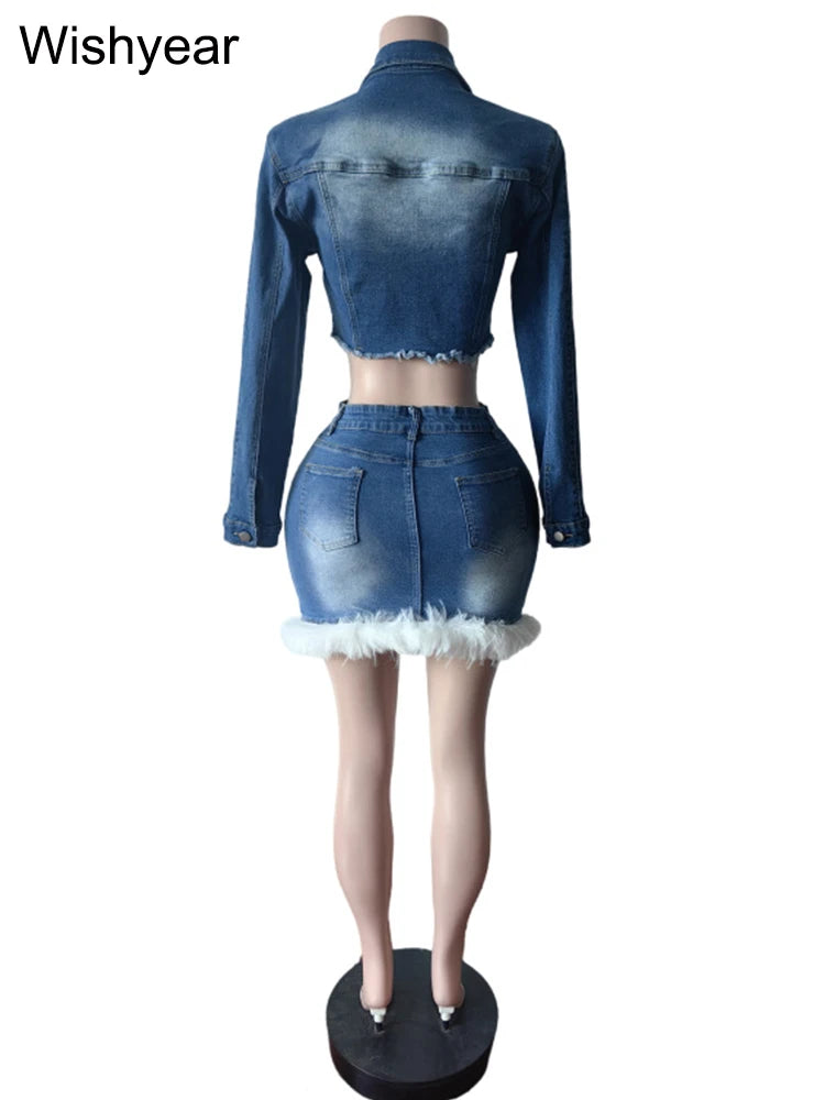 FZ Women's Stretch Feather Patchwork  2 Piece Denim Skirt Suit