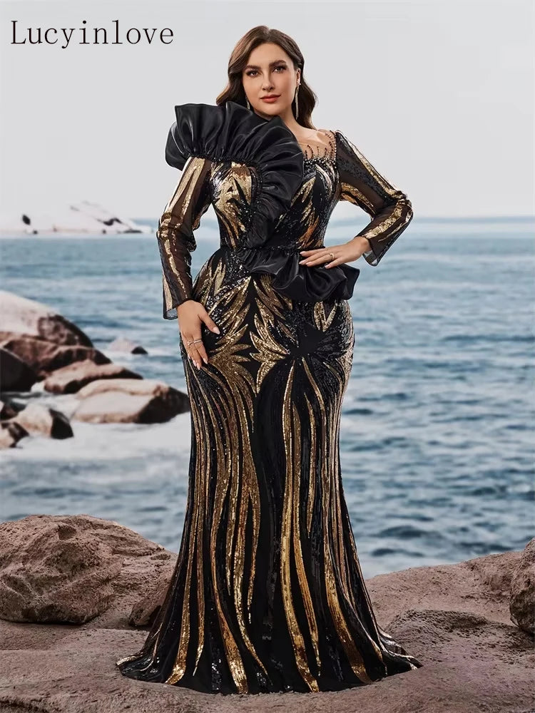 FZ Women's Plus Size Ruffled Sequins Long Sleeve Mermaid Evening Dress