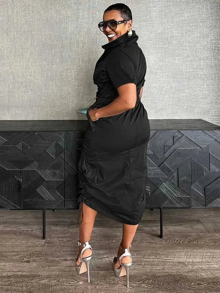 FZ Women's Drawstring Waist Pocket High Street Vintage Retro Midi Dress