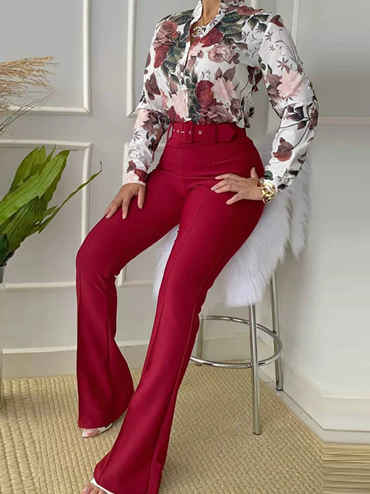 FZ Women's Elegant  Wide Leg  Retro Printed Slim Fit Office Pants Suit - FZwear