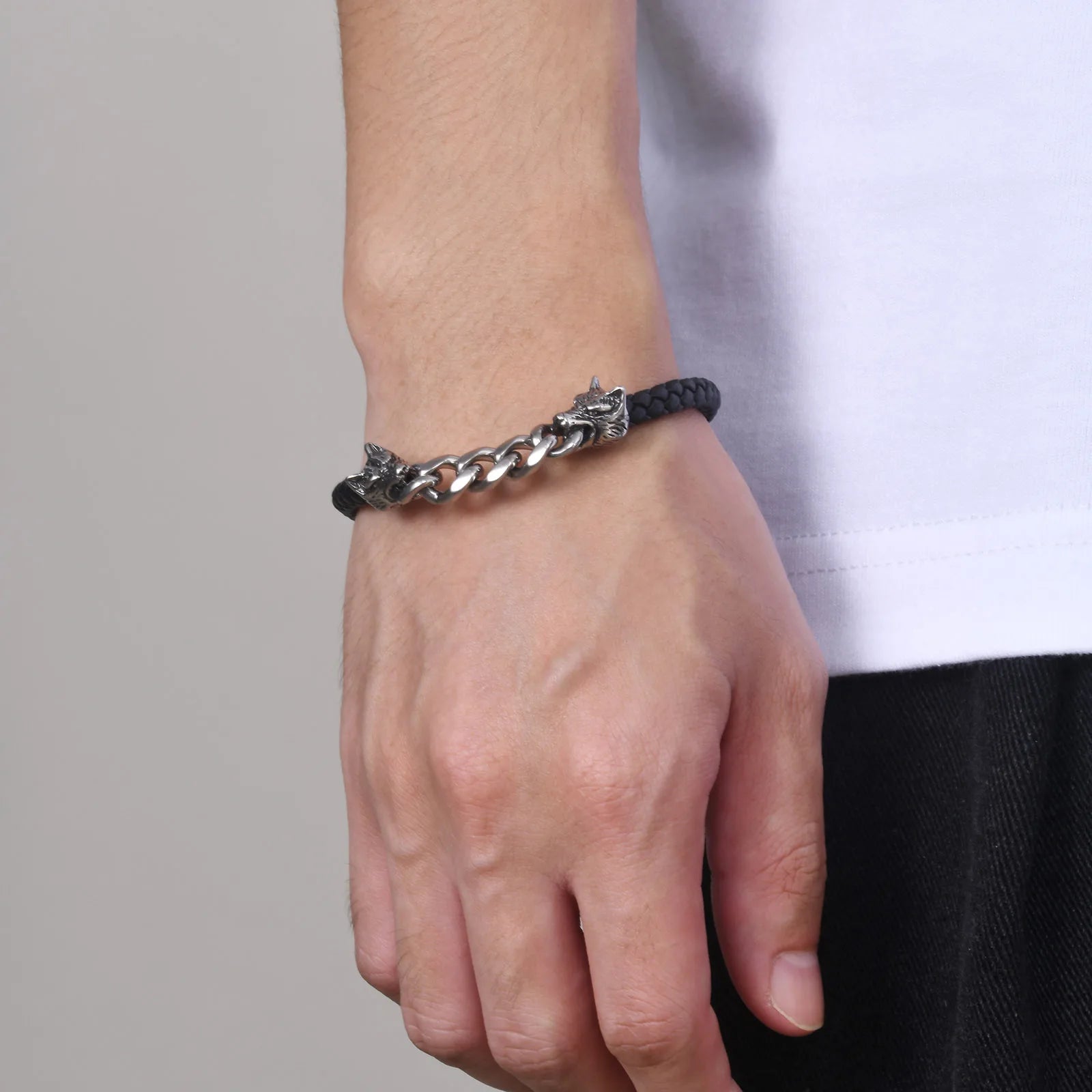 FZ Gothic Double Wolf Heads Braided Rope Chain Stainless Steel Bracelet - FZwear