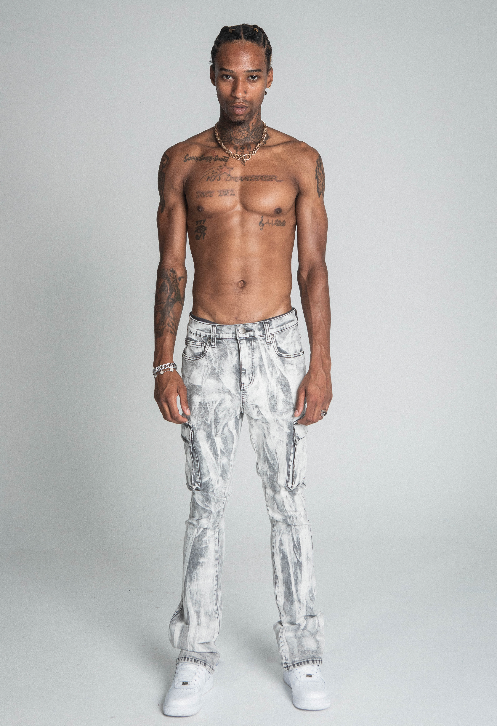 AJ29SK GREY/WHITE WASH STACKED CARGO JEANS PANTS