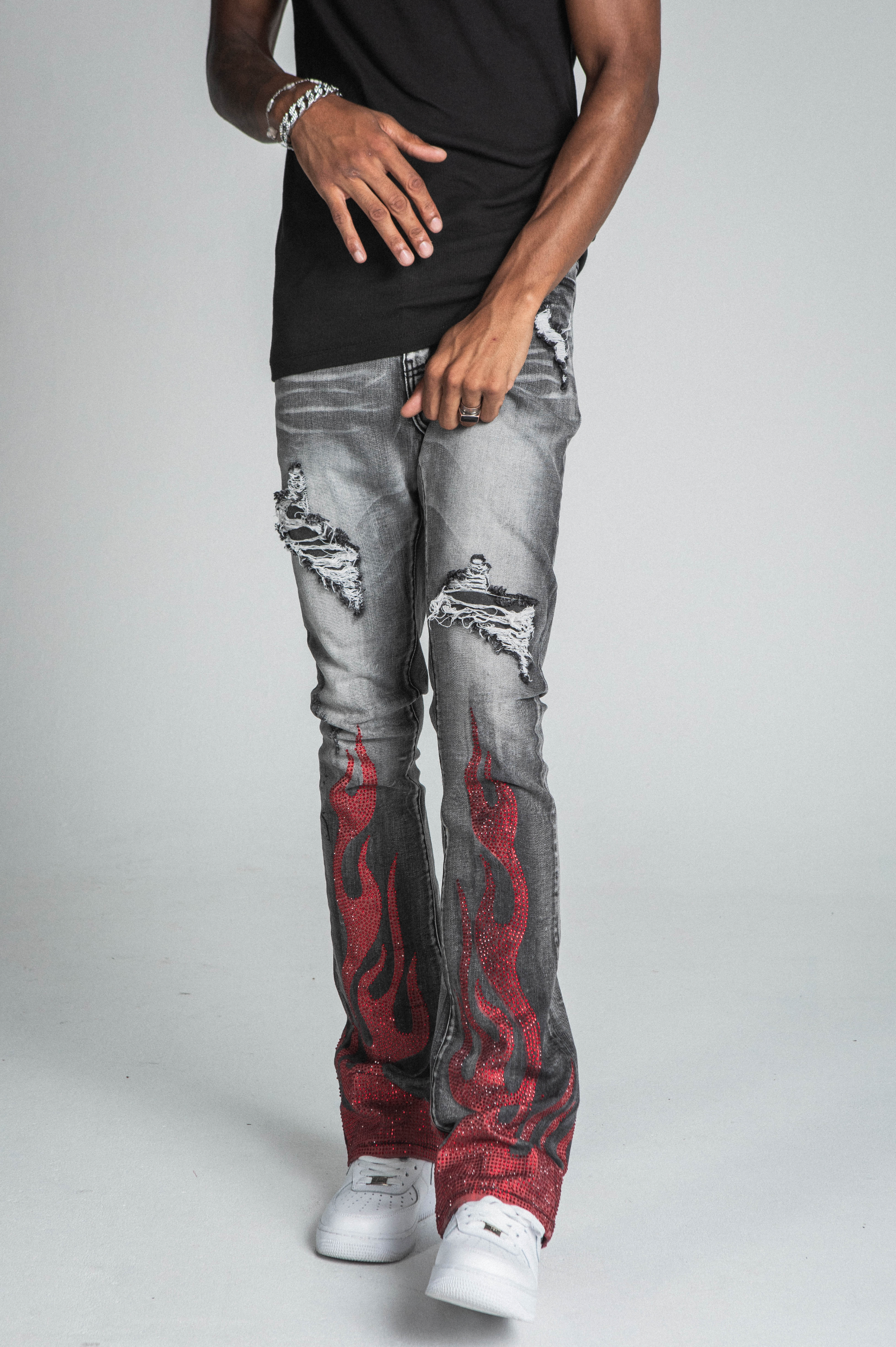 AJ23SK FLAME RHINESTONE STACKED JEANS PANTS